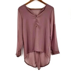 Womens Long Sleeve High-Low Mauve‎ Blouse Top Size M V-Neck Roll Tab Sleeves
